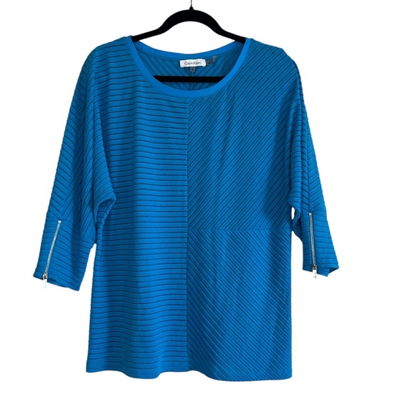 2/$30 Calvin Klein Vibrant Blue Boxy Ribbed Contemporary 3/4 Sleeve Blouse Plus - Picture 1 of 13